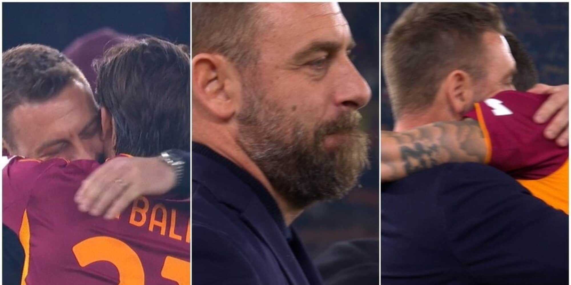 Îmbrățișarea emoționantă a lui De Rossi: Legătura dintre fotbaliștii Roma Într-un moment plin de emoție pe stadionul Olimpico, Gianluca Mancini și Paulo Dybala, doi dintre jucătorii de bază ai echipei AS Roma, s-au apropiat de Daniele De Rossi înainte de meciul împotriva Genoa