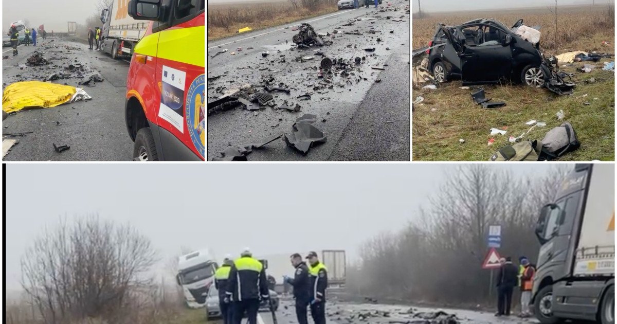 Șapte morți într-un accident auto pe DN6, în Timiș. Microbuzul implicat transporta cetățeni greci spre Franța. Momentul impactului