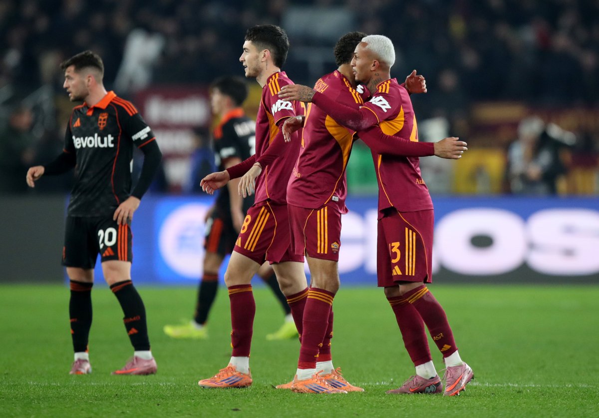 ROME, ITALY - DECEMBER 15: Wesley of AS Roma (R) celebrates with teammate Devyne Rensch after scoring his team