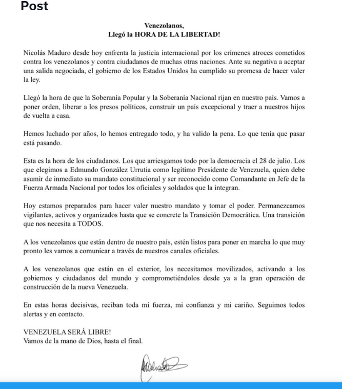 Lidera opoziției din Venezuela, María Corina Machado, a emis un mesaj dur după ce forțele militare ale Statelor Unite au reușit să captureze președintele Nicolás Maduro și soția acestuia, într-un eveniment care îngrijorează atât scena politică locală, cât și pe plan internațional
