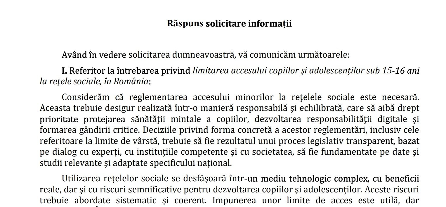 Administrația Prezidențială susține necesitatea reglementării accesului minorilor la rețelele sociale Discuțiile privind modul în care rețelele sociale afectează dezvoltarea și siguranța minorilor în România au fost readuse în prim-plan odată cu un răspuns oficial transmis de Administrația Prezidențială către Edupedu.ro