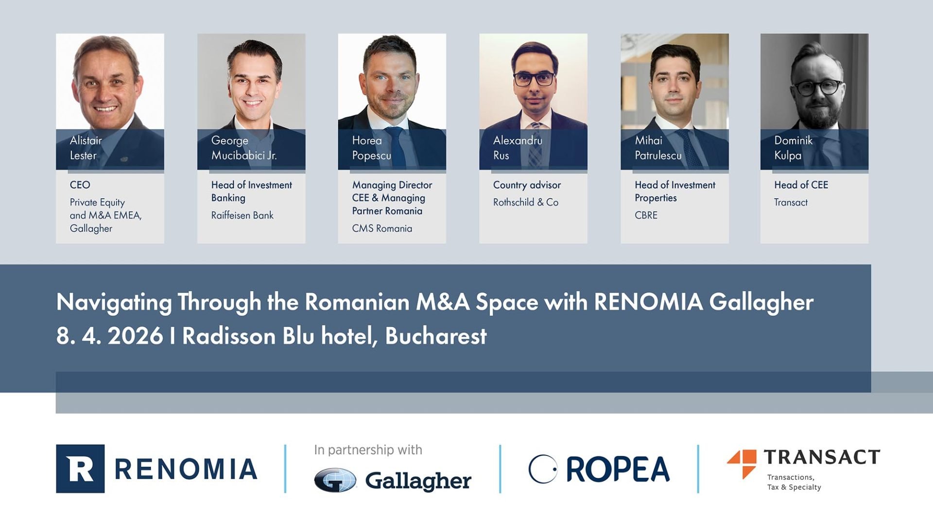 Eveniment major în domeniul fuziunilor și achizițiilor din România, anunțat pentru 8 aprilie Renomia Gallagher, în colaborare cu BusinessMark, va organiza pe data de 8 aprilie 2026 un eveniment destinat explorării pieței de M&A din România