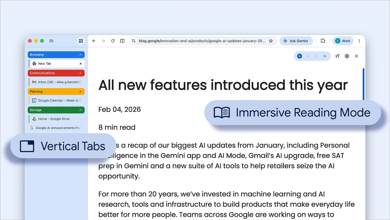 Google lansează două funcții noi pentru Chrome: afișarea verticală a tab-urilor și un mod de citire îmbunătățit Google a anunțat oficial începerea lansării a două funcții noi pentru browserul Chrome, concepute pentru a îmbunătăți experiența utilizatorilor și a spori productivitatea