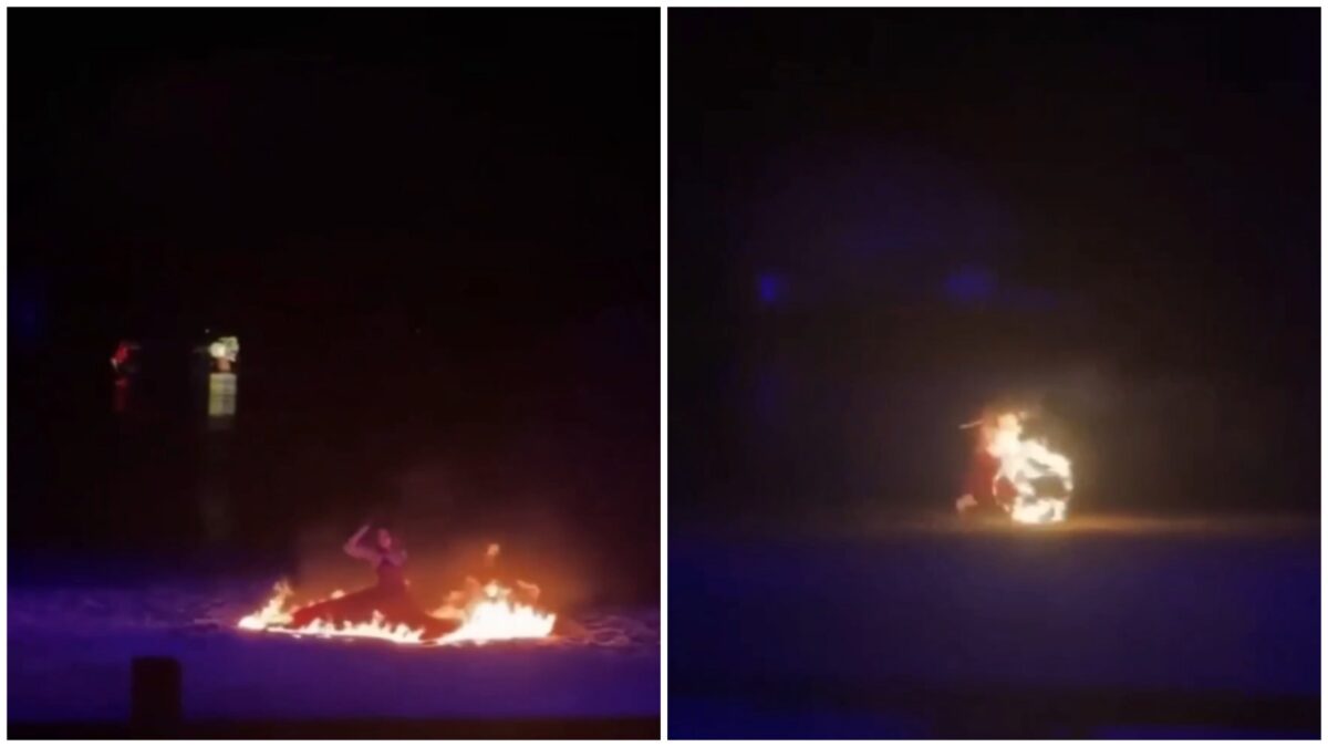 O dansatoare din China a suferit arsuri grave în timpul unui spectacol cu foc, fiind la un pas de moarte, după ce rochia i-a luat foc în mod spectaculos în fața unui public îngrozit