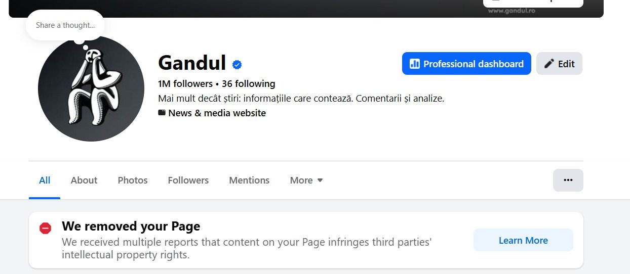 Compania Meta, proprietara Facebook, a închis, fără avertisment sau explicații, pagina de Facebook a unei publicații importante de știri din România
