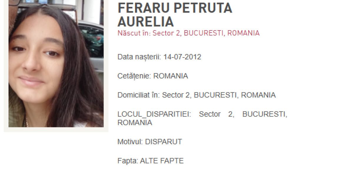 FATA DISPĂRUTĂ DIN SECTORUL 2: ALERTA RO-ALERT