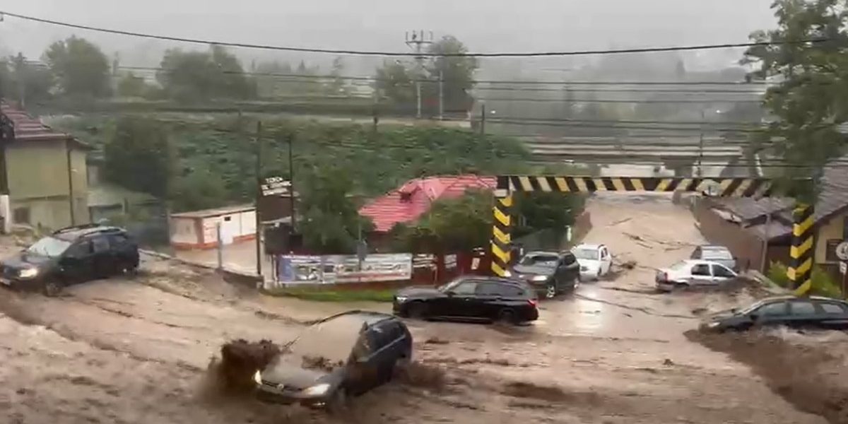 Bușteni sub ape. Viitură din Bucegi, oameni și mașini luați, o femeie grav.