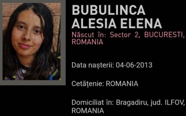 Mesaj RO-Alert, după ce Bubulincă Alesia-Elena, o fetiță de 13 ani, a plecat de la domiciliul din Bragadiru, județul Ilfov