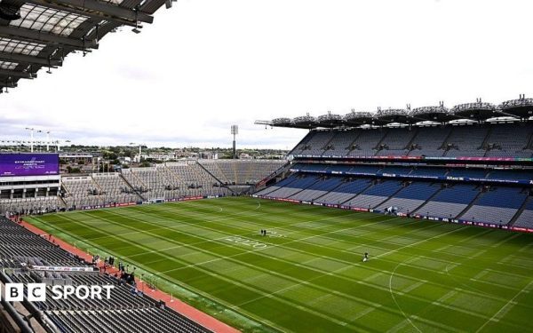 View of empty Croke Park stadium from high vantage point in a stand