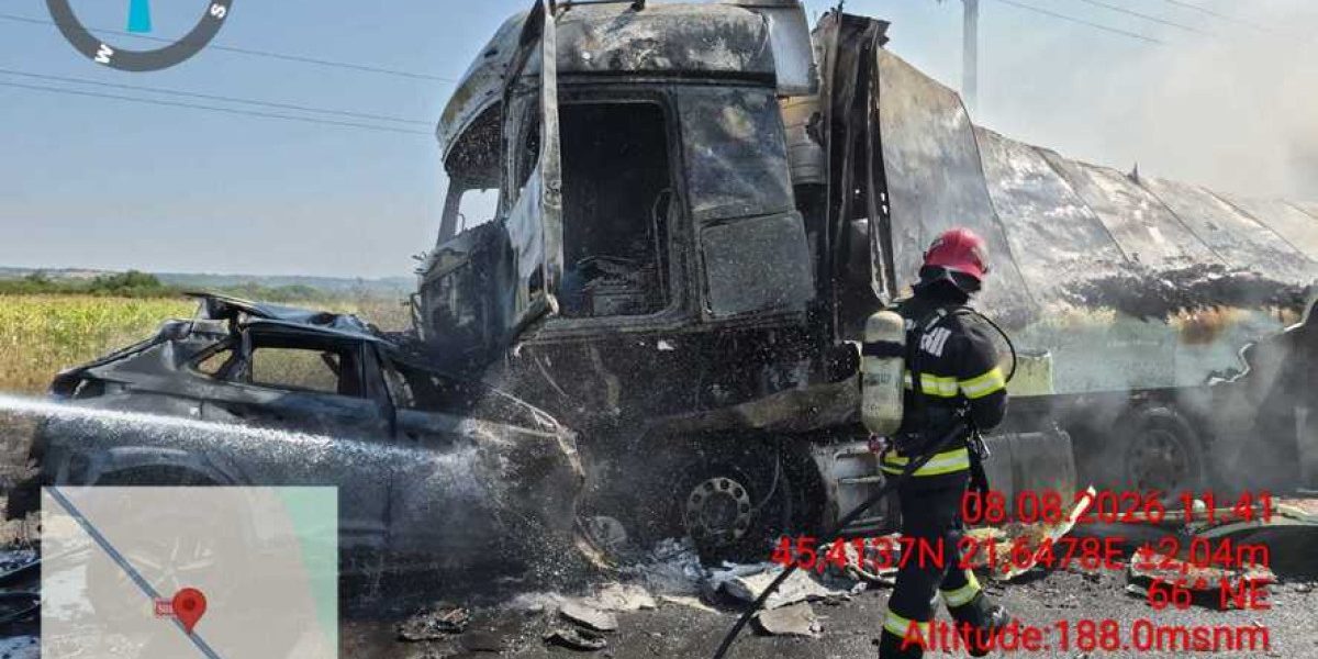 TRAGEDIE: Mașină și TIR, FOC ÎN URMA IMPACTULUI FATAL