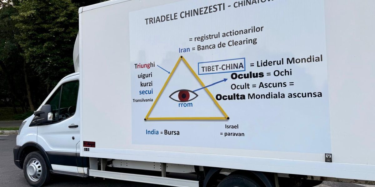 Conspirații despre Zelenski și China, pe dube în București. Cine le-a afișat